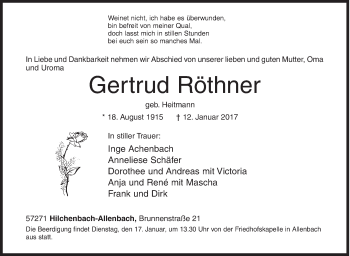 Traueranzeige von Gertrud Röthner von Siegener Zeitung