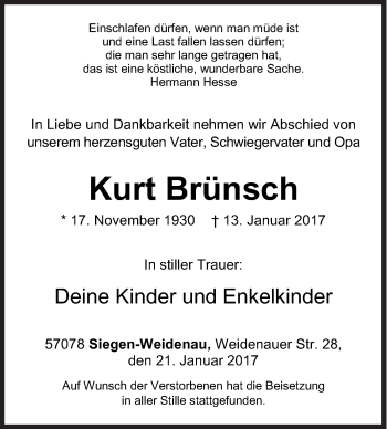 Traueranzeige von Kurt Brünsch von Siegener Zeitung