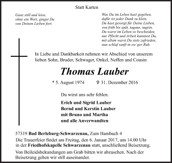Traueranzeige von Thomas Lauber von Siegener Zeitung
