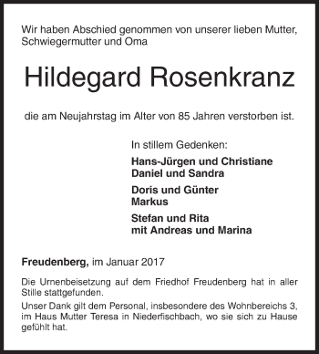 Traueranzeige von Hildegard Rosenkranz von Siegener Zeitung