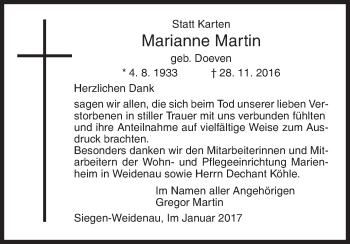 Traueranzeige von Marianne Martin von Siegener Zeitung