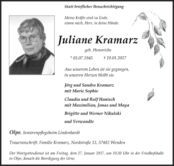 Traueranzeige von Juliane Kramarz von Siegener Zeitung