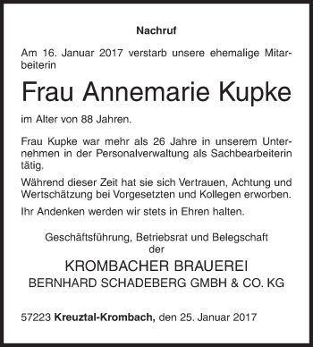 Traueranzeige von Annemarie Kupke von Siegener Zeitung