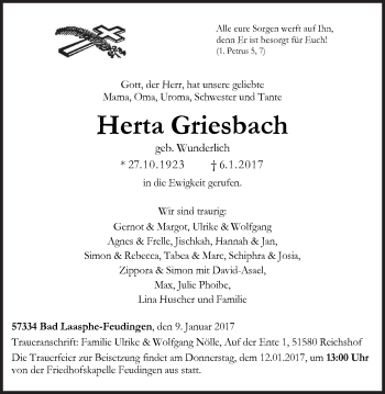 Traueranzeige von Herta Griesbach von Siegener Zeitung
