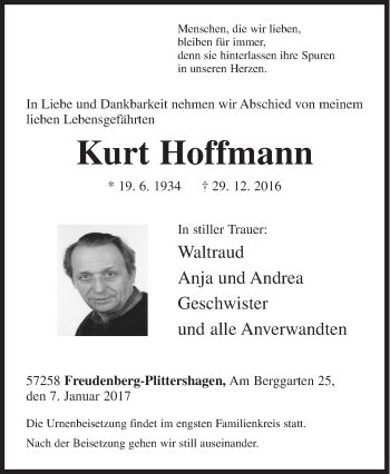 Traueranzeige von Kurt Hoffmann von Siegener Zeitung