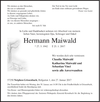 Traueranzeige von Hermann Maiwald von Siegener Zeitung