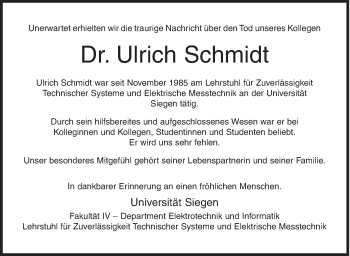 Traueranzeige von Ulrich Schmidt von Siegener Zeitung