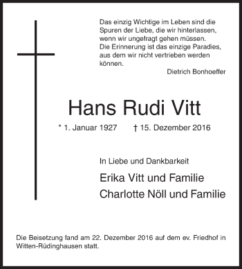 Traueranzeige von Hans Rudi Vitt von Siegener Zeitung