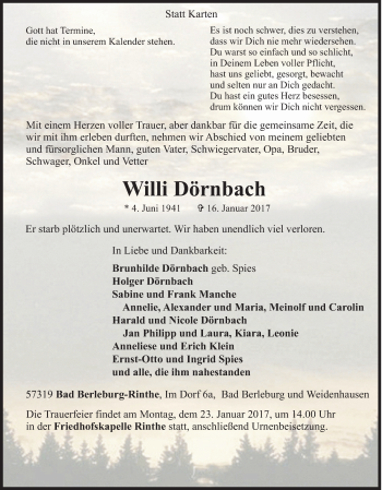 Traueranzeige von Willi Dörnbach von Siegener Zeitung