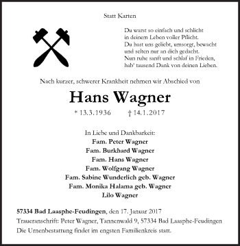Traueranzeige von Hans Wagner von Siegener Zeitung