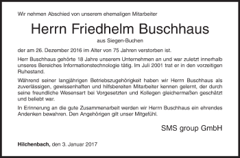 Traueranzeige von Friedhelm Buschhaus von Siegener Zeitung
