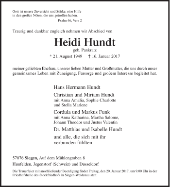 Traueranzeige von Heidi Hundt von Siegener Zeitung
