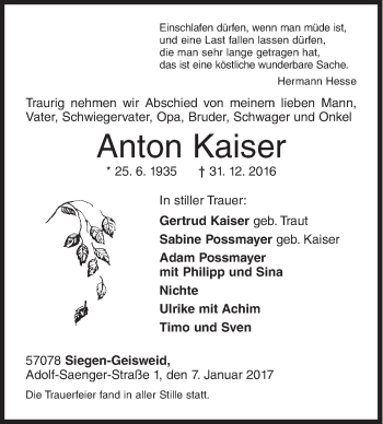 Traueranzeige von Anton Kaiser von Siegener Zeitung