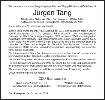 Traueranzeige von Jürgen Tang von Siegener Zeitung