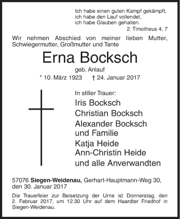 Traueranzeige von Erna Bocksch von Siegener Zeitung