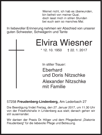 Traueranzeige von Elvira Wiesner von Siegener Zeitung