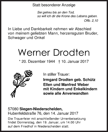 Traueranzeige von Werner Drodten von Siegener Zeitung