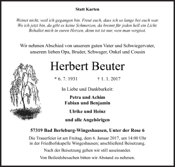Traueranzeige von Herbert Beuter von Siegener Zeitung