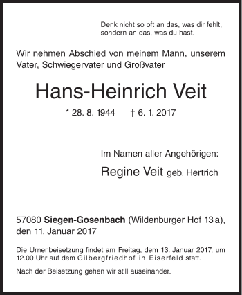 Traueranzeige von Hans-Heinrich Veit von Siegener Zeitung