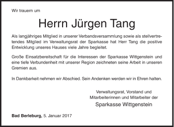 Traueranzeige von Jürgen Tang von Siegener Zeitung