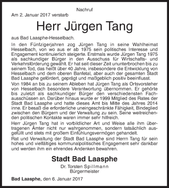 Traueranzeige von Jürgen Tang von Siegener Zeitung