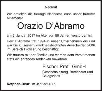 Traueranzeige von Orazio D´Abramo von Siegener Zeitung