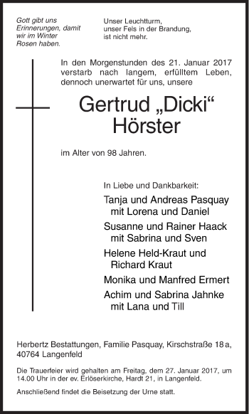 Traueranzeige von Gertrud Hörster von Siegener Zeitung