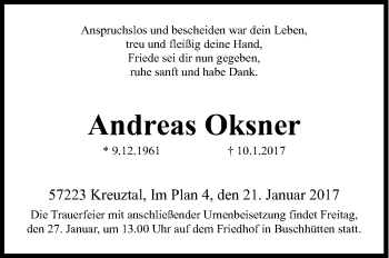 Traueranzeige von Andreas Oksner von Siegener Zeitung