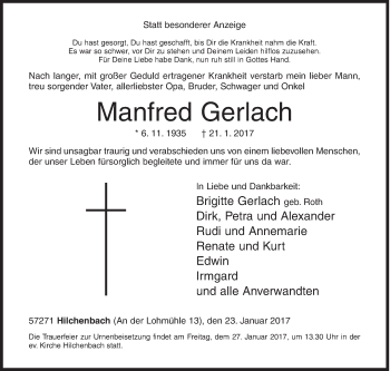 Traueranzeige von Manfred Gerlach von Siegener Zeitung