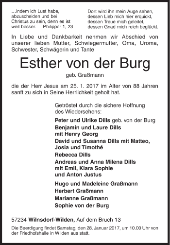 Traueranzeige von Esther von der Burg von Siegener Zeitung