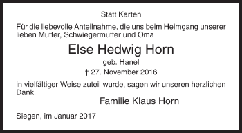 Traueranzeige von Else Hedwig Horn von Siegener Zeitung