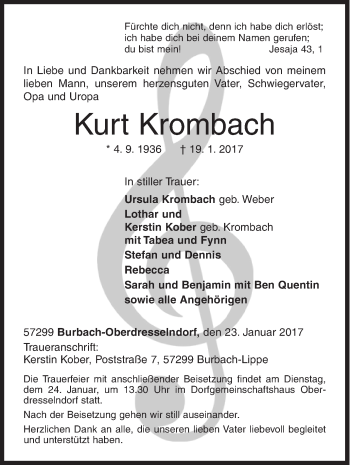 Traueranzeige von Kurt Krombach von Siegener Zeitung