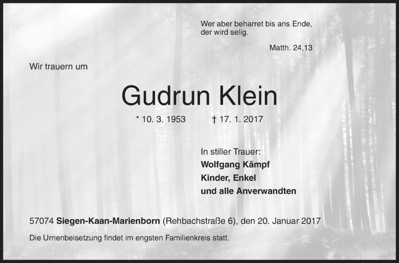  Traueranzeige für Gudrun Klein vom 20.01.2017 aus Siegener Zeitung