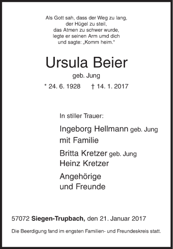 Traueranzeige von Ursula Beier von Siegener Zeitung