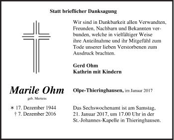 Traueranzeige von Marile Ohm von Siegener Zeitung