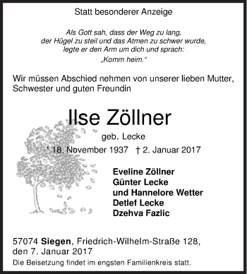 Traueranzeige von llse Zöllner von Siegener Zeitung