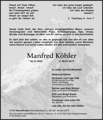 Traueranzeige von Manfred Köhler von Siegener Zeitung