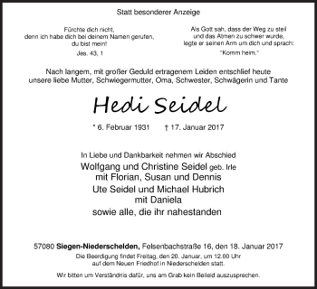 Traueranzeige von Heidi Seidel von Siegener Zeitung
