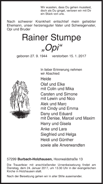 Traueranzeige von Rainer Stumpe von Siegener Zeitung