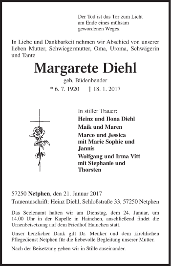 Traueranzeige von Margarete Diehl von Siegener Zeitung