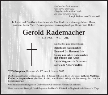 Traueranzeige von Gerold Rademacher von Siegener Zeitung