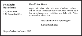 Traueranzeige von Friedhelm Buschhaus von Siegener Zeitung