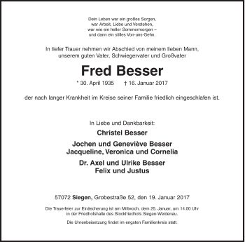 Traueranzeige von Fred Besser von Siegener Zeitung