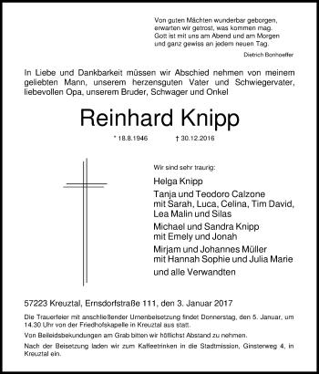 Traueranzeige von Reinhard Knipp von Siegener Zeitung