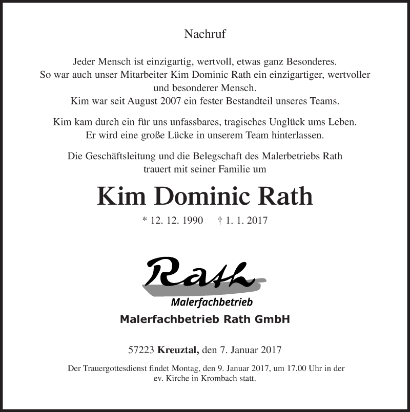  Traueranzeige für Kim Dominic Rath vom 07.01.2017 aus Siegener Zeitung