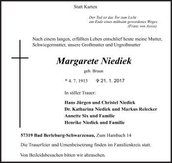 Traueranzeige von Margarete Niediek von Siegener Zeitung