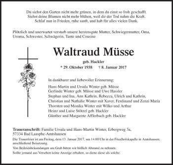 Traueranzeige von Waltraud Müsse von Siegener Zeitung