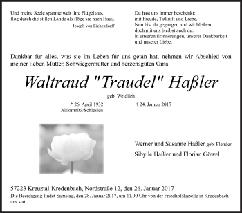 Traueranzeige von Waltraud Haßler von Siegener Zeitung