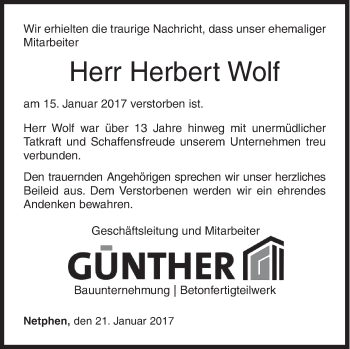 Traueranzeige von Herbert Wolf von Siegener Zeitung