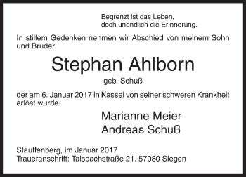 Traueranzeige von Stephan Ahlborn von Siegener Zeitung